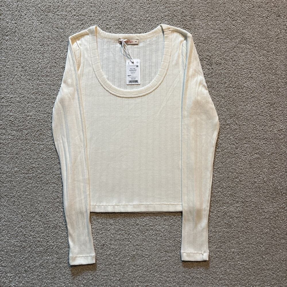Marine Layer Lexi Rib Pointelle Long Sleeve Scoop Tee Women's XS White NWT